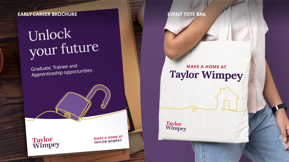 Visuals of an early career brochure cover and someone carrying a branded canvas bag